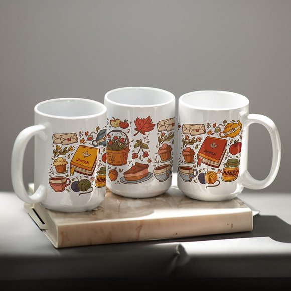 Autumn Cute Icons Coffee Mug. Thanksgiving Coffee Cup. Fall 15oz Ceramic Mug. - Picture 2 of 5